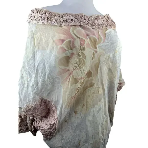 Emamo Silk Floral Sheer Tunic Blouse M Coquette Cottage Romantic Peasant Boho - Picture 10 of 16